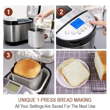 KITCHENARM 29-in-1 SMART Bread Machine with Gluten Free Setting 2LB 1.5LB 1LB Bread Maker Machine with Homemade Cycle - Stainless Steel Breadmaker with Recipes Whole Wheat Bread Making Machine