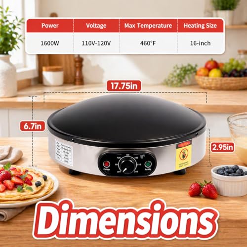 SuYiFan Crepe Makers, 16-Inch Electric Roti and Tortilla Maker, 1600W Large Non-Stick Convex Dome Griddle, Commercial Grade Saj Bread Maker & Crepe Machine, Adjustable Temp up to 460°F,Stainless Steel