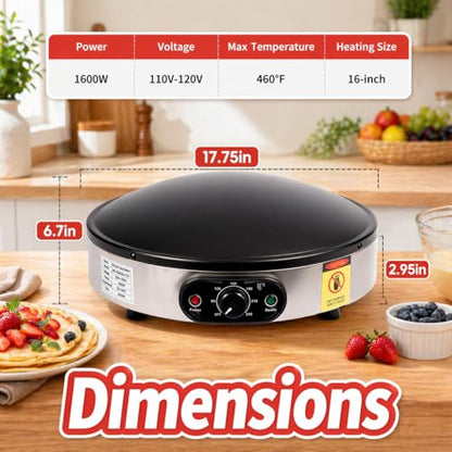 SuYiFan Crepe Makers, 16-Inch Electric Roti and Tortilla Maker, 1600W Large Non-Stick Convex Dome Griddle, Commercial Grade Saj Bread Maker & Crepe Machine, Adjustable Temp up to 460°F,Stainless Steel