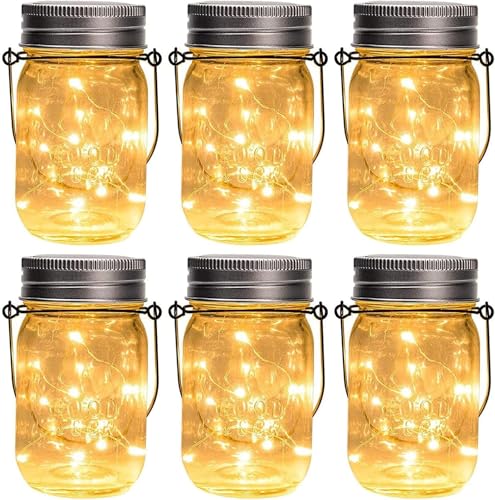 GIGALUMI Hanging Mason Jar Solar Lights, 6 Pack 30 Led Hanging Solar Lanterns Outdoor Waterproof, Hangers and Jars Included, Outdoor Decor for Balcony, Garden, Patio, Yard, Wedding
