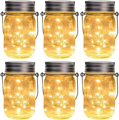 GIGALUMI Hanging Mason Jar Solar Lights, 6 Pack 30 Led Hanging Solar Lanterns Outdoor Waterproof, Hangers and Jars Included, Outdoor Decor for Balcony, Garden, Patio, Yard, Wedding