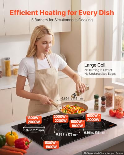 VEVOR Induction Cooktop 30In 5 Burners, Built-in Magnetic Stove, Induction Stove, Touch Control, 9 Power Levels, Ceramic Glass, Child Lock, 9200W, 220V