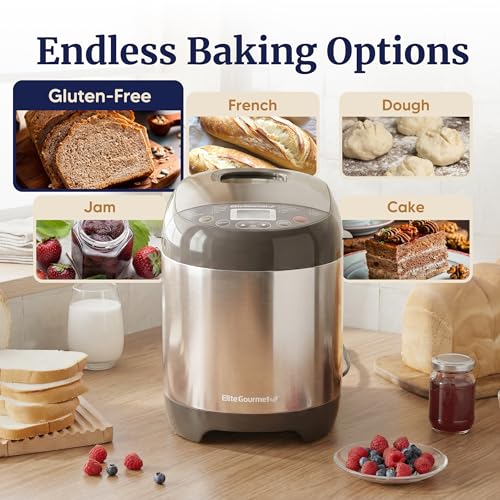 Elite Gourmet EBM8103SS Programmable Bread Maker Machine, 3 Loaf Sizes, 19 Menu Functions Gluten Free White Wheat Rye French and more, 2 Lb, Stainless Steel
