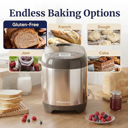 Elite Gourmet EBM8103SS Programmable Bread Maker Machine, 3 Loaf Sizes, 19 Menu Functions Gluten Free White Wheat Rye French and more, 2 Lb, Stainless Steel