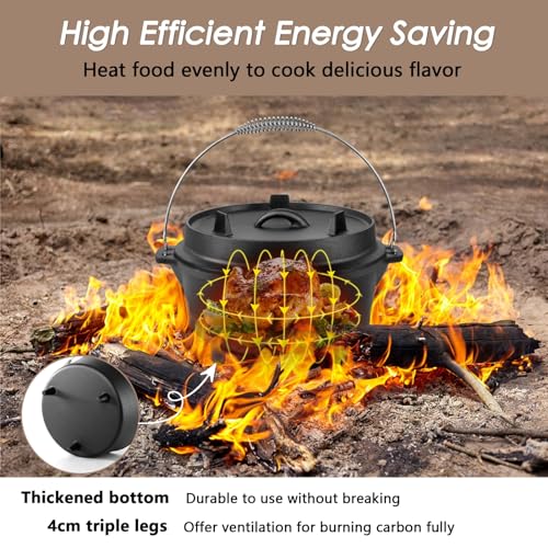 HaSteeL 7 QT Cast Iron Dutch Oven, Large 2 in 1 Camp Pre-Seasoned Deep Pot & Lid Skillet Pan, Heavy Thick 7 Quart Multiple Cookware with Feet for Outdoor Camping Baking, Bracket and Lid Lifter