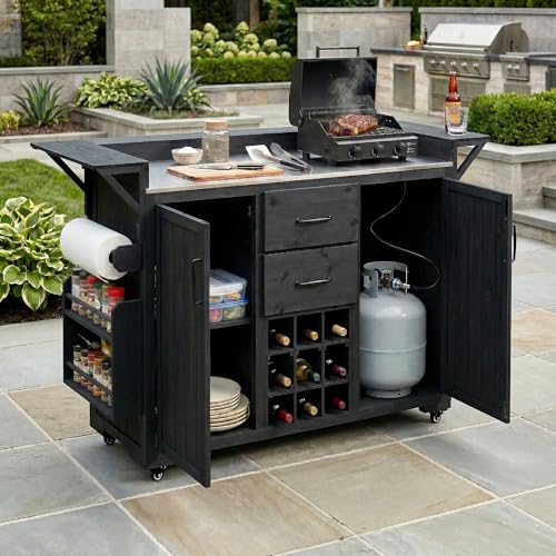 Merax 60.2''W Outdoor Kitchen Island on Wheels with Stainless Steel Top, Wood Rolling Patio Grill Cart with Storage Cabinets, Drawers, Spice Rack & Wine Rack, Outdoor Grill BBQ Prep Table, Black