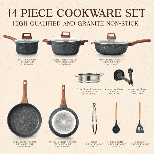 Bakken-Swiss 14-Piece Kitchen Cookware Set – Granite Non-Stick – Eco-Friendly – PFOA, PFOS, and PTFE Free for All Stoves & Oven-Safe - Marble coatin
