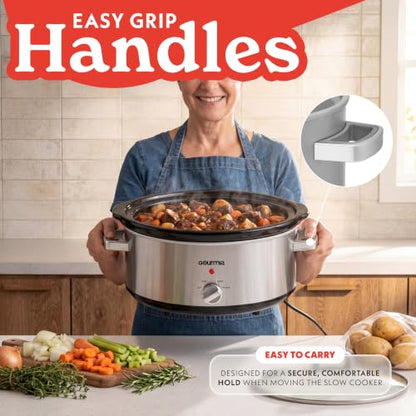 Gourmia Slow Cooker - 7 Quart Removable Ceramic Pot, Manual Controls with 3 Temperature Settings, Dishwasher Safe Crock and Glass Lid, Stainless Steel