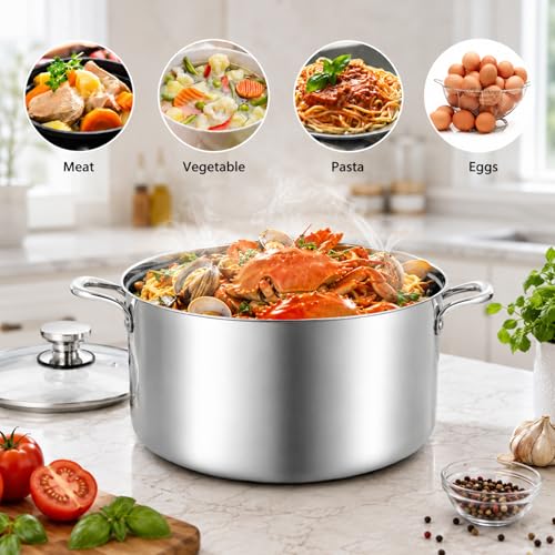 TeamFar 6 Quart Stock Pot, Stainless Steel Tri-Ply Cooking Pasta Pot with Tempered Glass Lid for Induction/Electric/Gas/Ceramic, Healthy & Sturdy, Double Riveted Handles & Dishwasher Safe