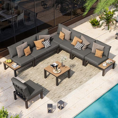 Oasbira Aluminum Modular Outdoor Patio Furniture Set, 8 Seats Sectional Sofa Set with Adjustable Backrest & Thick Cushions, All-Weather L-Shaped Corner Set with Table for Garden & Yard, Graphite