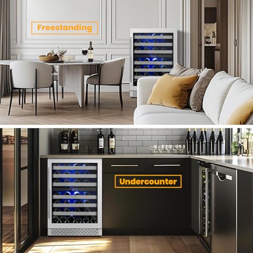 24 Inch Wine Cooler & Fridge Under Counter,54 Bottle Dual Zone Wine Cooler,New Upgrade Compressor,Blue Light Built-in/Freestanding,Reversible Stainless Steel Door Wine Fridge for Home/Kitchen