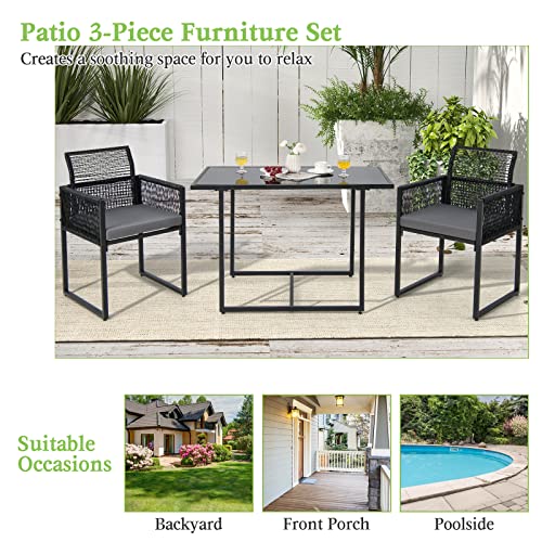 Tangkula 3 Pieces Outdoor Dining Set, Patio PE Rattan Furniture Set with Folding Backrest, Cozy Seat Cushions, Tempered Glass Tabletop, Space-Saving Rattan Chair Table Set for Backyard, Poolside