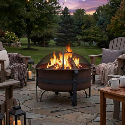 Sunnydaze 29-Inch Cauldron Wood-Burning Outdoor Fire Pit for Patio and Backyard - Round Steel Outside Firepit Bowl with Removable Ash Pan, Spark Screen, and Poker Tool - Dark Bronze Finish
