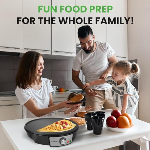 Nutrichef Electric Crepe Maker Pan & Griddle - 12 Inch Nonstick Cooktop, LED Indicators & Adjustable Temperature Control, Includes Spatula, Batter Spreader, Cooks Crepes, Roti & Pancakes