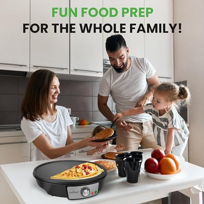 Nutrichef Electric Crepe Maker Pan & Griddle - 12 Inch Nonstick Cooktop, LED Indicators & Adjustable Temperature Control, Includes Spatula, Batter Spreader, Cooks Crepes, Roti & Pancakes