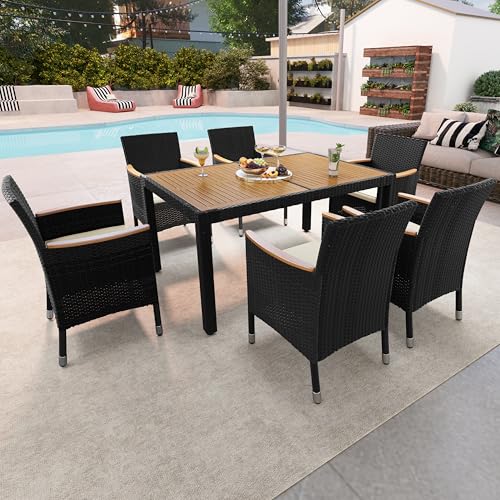 Yaheetech 7 Piece Patio Furniture Set, Outdoor Dining Acacia Wood Table Top Rattan Conversation with Soft Cushions, 6 Chairs & 1 Table for Backyard, Deck, Garden & Yard, Black/Beige