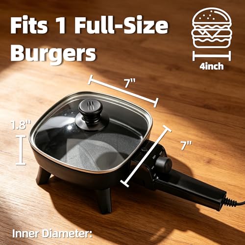 I-Keukenn 7" Electric Skillet with Lid, Non-Stick Ceramic Electric Frying Pan, 600W Single-Serve Grill with Adjustable Temperature Control for Pancakes, Eggs & Sausage