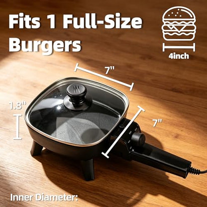 I-Keukenn 7" Electric Skillet with Lid, Non-Stick Ceramic Electric Frying Pan, 600W Single-Serve Grill with Adjustable Temperature Control for Pancakes, Eggs & Sausage