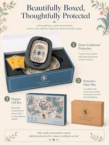 Polish Pottery Style Ceramic Baking Dish Set, 2-Piece Large & Small Casserole Bakers for 2–3 People, Floral Oven-to-Table Bakeware, Microwave & Dishwasher Safe, Gift-Ready with Protective Packaging