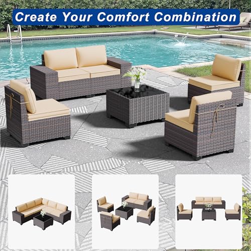 ASJMR Outdoor Patio Furniture Set, 6 Pieces Outdoor Sectional Furniture High Backrest Patio Sofa, All-Weather PE Rattan Patio Conversation Set with Coffee Table & Cushions-Sand.