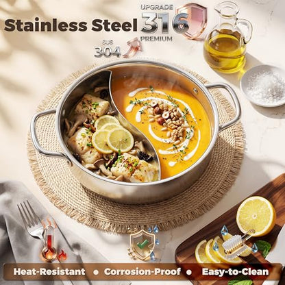 TOPWIT 3-Ply Construction 316 Stainless Steel Double-flavor Shabu Shabu Pot, 5.5QT Hot Pot with Divider, 11″ Dual Side Pot for Cooking, Hotpot for Induction Cooktop, Gas/Ceramic Cooktop, Hot Burner