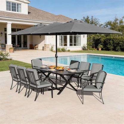 Trumbeak 10 Pieces Patio Dining Set,Metal Outdoor Furniture Set Includes 13.6FT Grey Umbrella,Hole Cut-Out 78.7" x 35.4" Table and 8 Metal Backrest Chairs for Backyard,Garden,Grey
