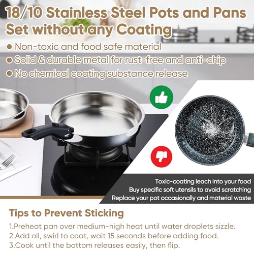 E-far 9pcs Stainless Steel Cookware Set, 3-Ply Pots and Pans Set w/Detachable Handle & Lid, Induction Cookware Kitchen Cooking Set for RV Camping, Nontoxic Whole Clad Frying/Saute/Sauce Pan, Oven Safe