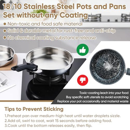 E-far 9pcs Stainless Steel Cookware Set, 3-Ply Pots and Pans Set w/Detachable Handle & Lid, Induction Cookware Kitchen Cooking Set for RV Camping, Nontoxic Whole Clad Frying/Saute/Sauce Pan, Oven Safe