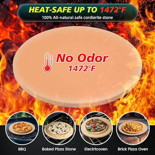 13 Inch Cordierite Pizza Stone 4-Piece Set for Oven & Grill - Round Baking Stone with Wooden Peel, Roller Cutter & Mini Cake Shovel