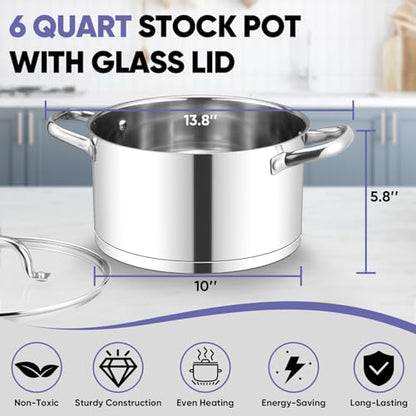 TeamFar 6QT Stainless Steel Stock Pot, Tri-ply Base Cooking Pasta Sauce Soup Pot with Glass Lid for Induction/Gas/Ceramic Stoves, Transparent Cover & Double Handles, Heavy Duty & Dishwasher Safe