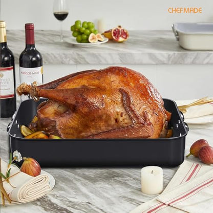 CHEFMADE Roasting Pan, 16-Inch Non-Stick Turkey Roaster Lasagna Pan with Rack - Rectangular Deep Dish Chicken Roaster Pan 16.3" x 12.52" x 3.11"(Black)