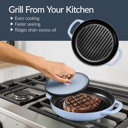 Best Choice Products Non-Stick Pot & Pan Cookware Set, Cast Iron, 2Qt Skillet W/Lid, 10" Grill Or Griddle Pan W/Press, 6Qt Enameled Dutch Oven, Non-toxic, For Cooking & Grilling - Cornflower