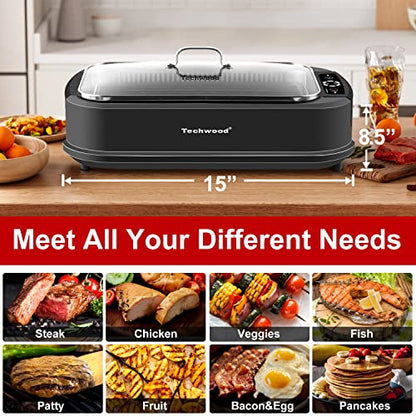 Techwood Indoor Grill Smokeless Grill, Electric Korean BBQ Grill with Glass Lid, Turbo Smoke Extractor Technology, Dishwasher-Safe Drip Tray & Nonstick Grilling Removable Plate, Black, 1500W