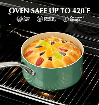 KOCH SYSTEME CS Nonstick Sauce Pan with Lid 1QT, 2QT & 3QT, Ceramic Saucepan Set 6Pcs, Non-Toxic Saucepan Set, Cooking Pots Set, Oven Safe & Induction Compatible, Green