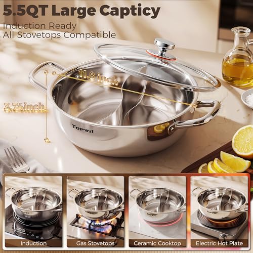TOPWIT 3-Ply Construction 316 Stainless Steel Double-flavor Shabu Shabu Pot, 5.5QT Hot Pot with Divider, 11″ Dual Side Pot for Cooking, Hotpot for Induction Cooktop, Gas/Ceramic Cooktop, Hot Burner