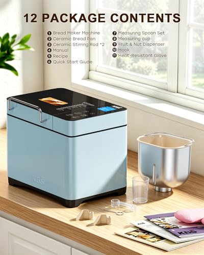 KBS Blue Bread Maker, 2LB Smart Bread Machine with Healthy Ceramic Pan, Touchscreen, Auto Nut Dispenser, 17 Automatic Programs, Gluten Free, Sourdough, Dough, Yogurt & Jam, 15H Timer, Stainless Steel