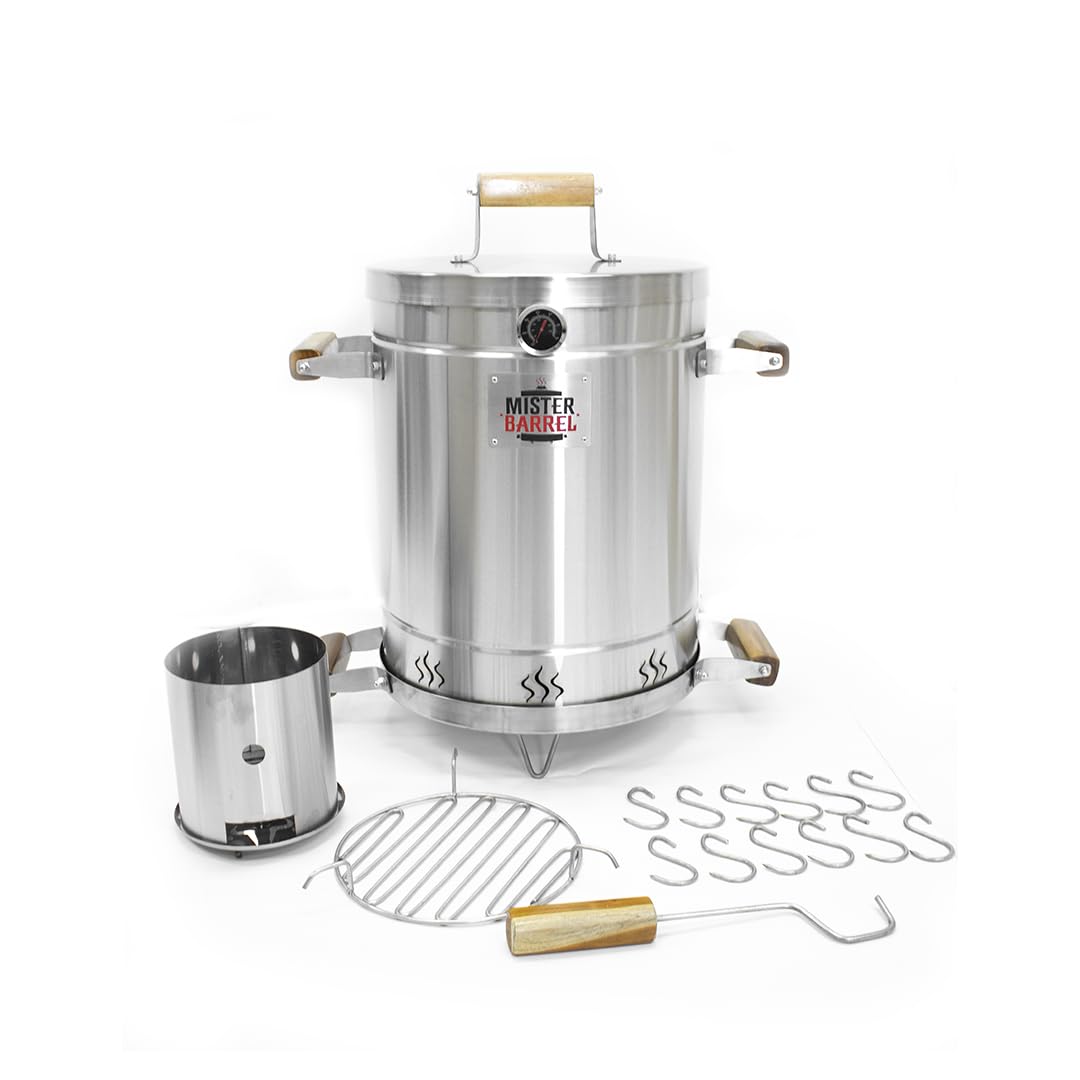 Medium Charcoal Grill & BBQ Smoker Mister Barrel | Portable option | Stainless Steel BBQ for Indoors & Outdoors | serves up to 15 people | Includes 15 Hooks, 1 Hook Remover and 1 top.