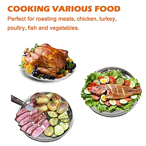 14 In Stainless Steel Roasting Pan, Stainless Steel Heavy Duty Kitchenware Round Roaster Pan Large XLarge Big Size Green Egg Drip Pan for Turkey Baking,Roast Chicken,Brushed Surface & Dishwasher Safe