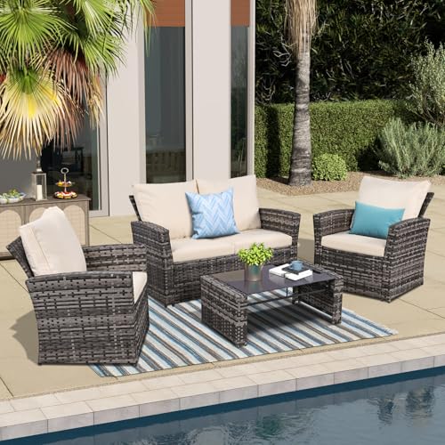 FHFO 4 Piece Patio Furniture Set, Outdoor Wicker Sectional Sofa Set