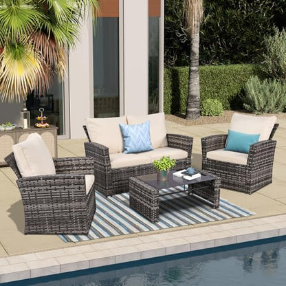 FHFO 4 Piece Patio Furniture Set, Outdoor Wicker Sectional Sofa Set