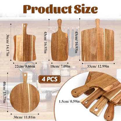 4 PCS Thick Acacia Wood Cutting Board with Handle, Assorted Sizes Large Wooden Charcuterie Boards Set Serving Tray for Cheese, Meat, Pizza, Vegetables, Bread, Kitchen Counter, Dining Room
