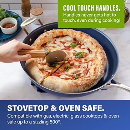 Granitestone 14 Inch Frying Pan with Lid, Non Stick Skillet for Cooking, Nonstick Diamond Coated Large Frying Pan, Family Sized, Oven & Dishwasher Safe Up to 500°F, 4.5 Qt Aluminum Skillet, Blue