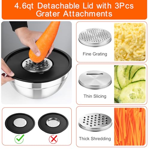 TeamFar Mixing Bowls with Airtight Lids, 5PCS Stainless Steel Metal Salad Bowl with 3 Grater Attachments, for Cooking, Prepping, Serving, Healthy & Easy Clean - 0.7/1/1.5/2.6/4.6QT, Black