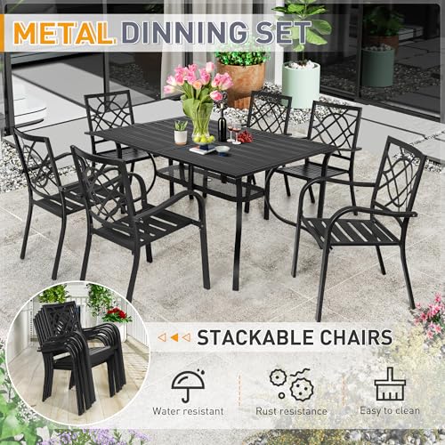 SUNCROWN 8-Piece Outdoor Wrought Iron Chairs and Table Patio Dining Furniture Set-6 Stackable Metal Chairs, 1 Steel Slat Bistro Table and 1 Dark Blue 9Ft Patio Umbrella for Garden Backyard Deck