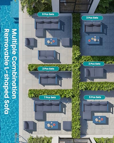 SERWALL 9 Pieces Patio Conversation Set, Outdoor Sectional Sofas, Blue