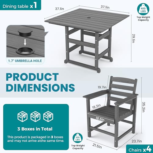 PamapicLife Dining Table Set, 5-Piece HDPE Outdoor Dining Set for 4, Gray