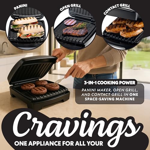Gourmia Indoor Grill & Panini Maker – 4 Serving Contact or Open Grill, Nonstick Ceramic, Preheat Indicator Light, Slope Design with Removable Dishwasher Safe Drip Tray