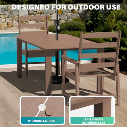 LOUNZY 11 Pieces Patio Dining Sets, 90'' Table Outdoor HDPE Furniture Set w/ 2" Hole Cut-Out Dining Table with 10 Patio Chairs(2 W/Armrest, 8 w/o Armrest), Brown
