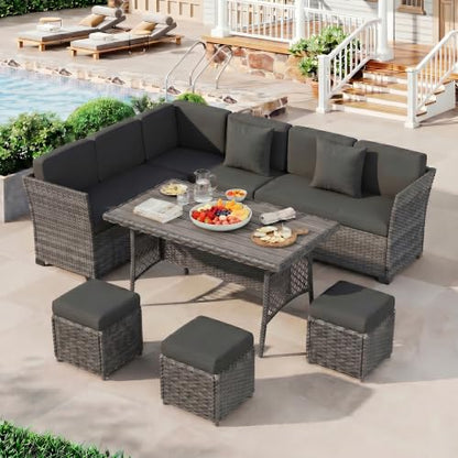 7 Pieces Patio Furniture Set, Patio Sectional with Dining Table & Ottoman
