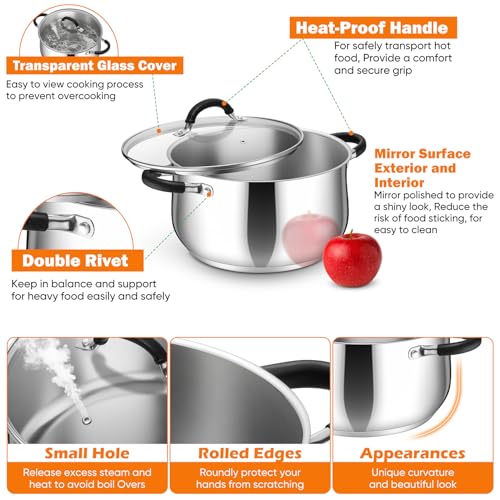 P&P CHEF Stainless Steel Stock Pot, 5 Qt Cooking Soup Pot with Visible Lid for Pasta, Tri-Ply Bottom & Dual Heatproof Handles, For Induction Gas All Stoves, Non-Toxic & Dishwasher Safe